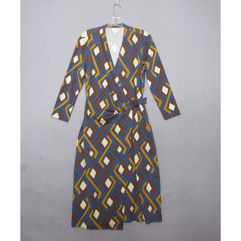 J McLaughlin Dress S Wrap Geometric Blue Brown Mod Retro Career Sophisticated